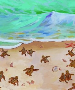 Baby Turtles By Beach Diamond Paintings