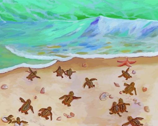 Baby Turtles By Beach Diamond Paintings