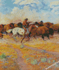 Herd Of Buffalo And Indians Diamond Painting