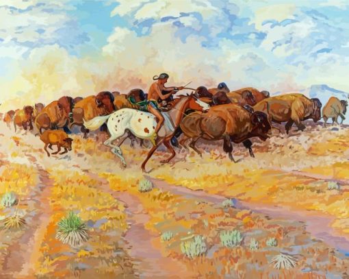 Herd Of Buffalo And Indians Diamond Painting