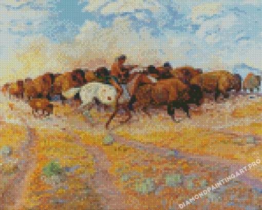 Herd Of Buffalo And Indians Diamond Painting