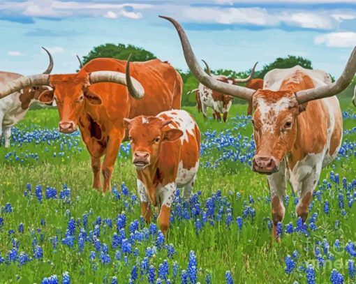 Longhorns In Texas Bluebonnet Diamond Painting