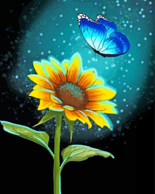 Magical Blue Butterfly On Sunflower Diamond Painting