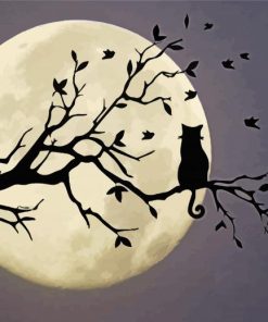 Moonlight Cat On Branch Of Tree Diamond Paintings