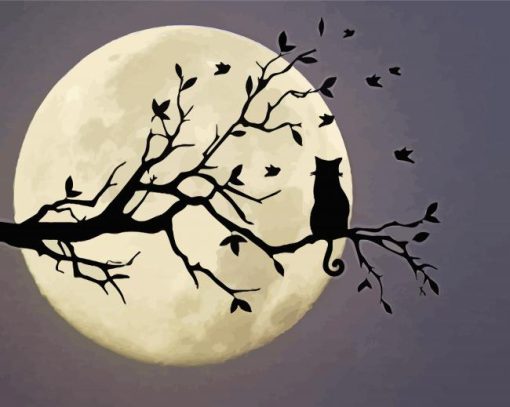 Moonlight Cat On Branch Of Tree Diamond Paintings