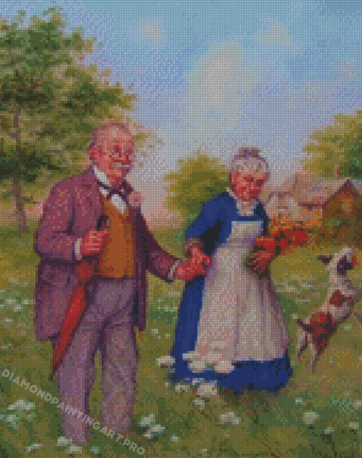 Old Couple Picking Flowers In Field Diamond Painting