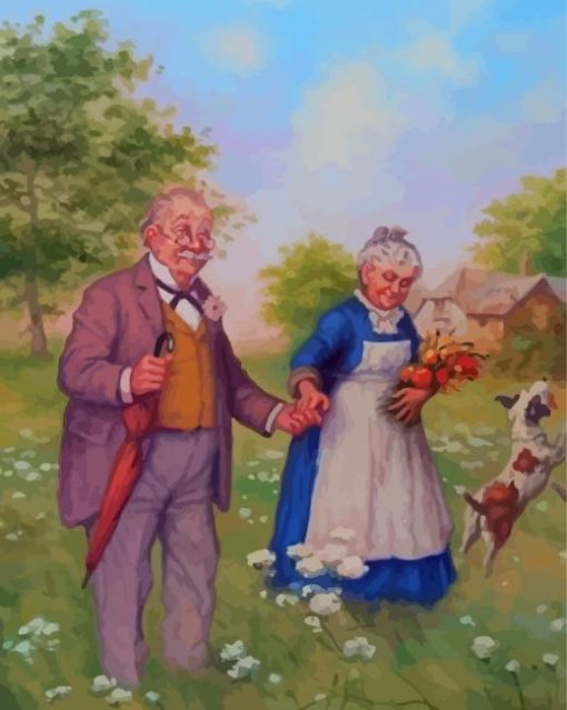 Old Couple Picking Flowers In Field Diamond Painting