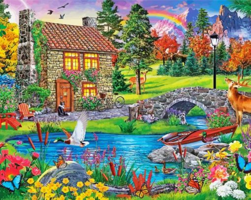 Spring Stone Cabin Diamond Painting