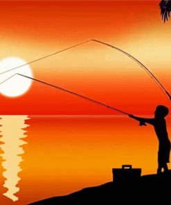 Sunset Father And Son Fishing Silhouette Diamond Paintings