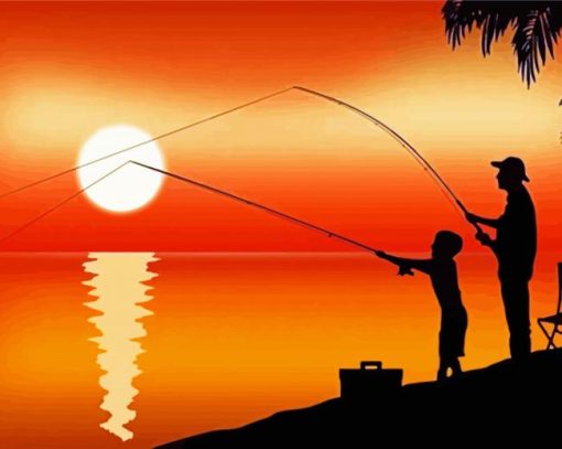 Sunset Father And Son Fishing Silhouette Diamond Paintings