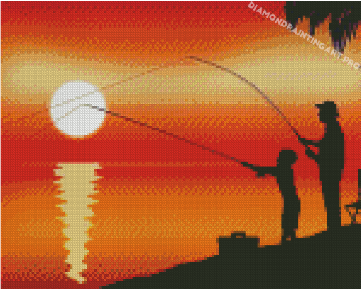 Sunset Father And Son Fishing Silhouette Diamond Paintings