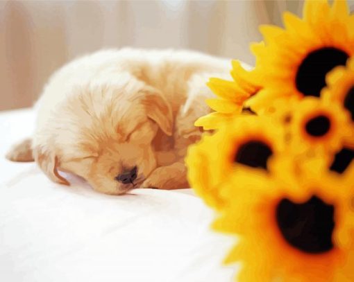 Golden Retriever Puppy With Sunflowers Diamond Paintings