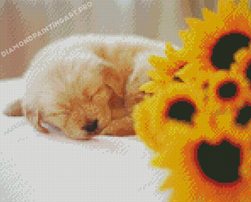 Golden Retriever Puppy With Sunflowers Diamond Paintings