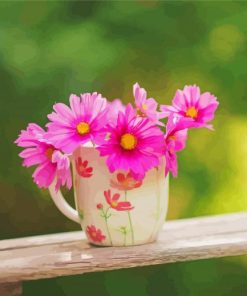 Pink Flowers In Cup Diamond Paintings