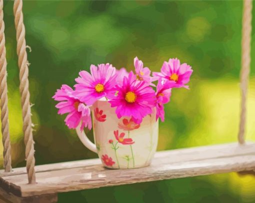 Pink Flowers In Cup Diamond Paintings