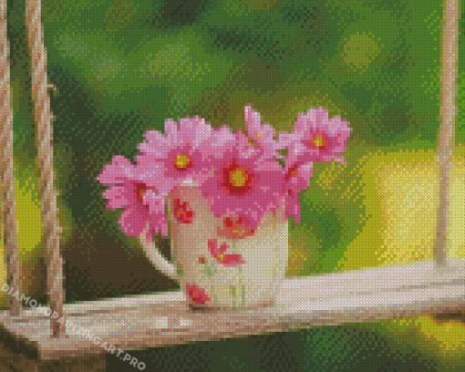 Pink Flowers In Cup Diamond Paintings