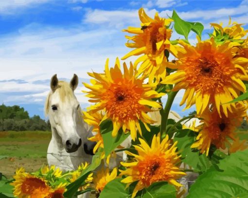 White Horse With Sunflowers Diamond Paintings