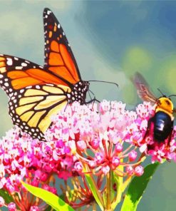 Butterfly And Bee On Pink Flower Diamond Painting