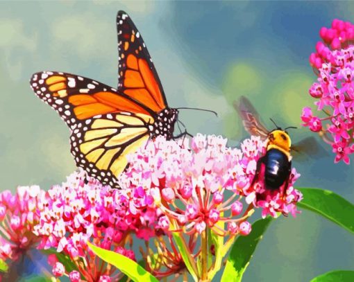 Butterfly And Bee On Pink Flower Diamond Painting