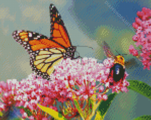 Butterfly And Bee On Pink Flower Diamond Painting