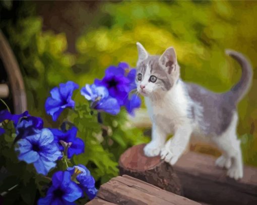 Cat And Flowers Diamond Painting