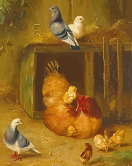 Chicken And Pigeons With Chicks Diamond Painting