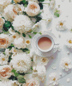 Coffee And White Flowers Diamond Painting