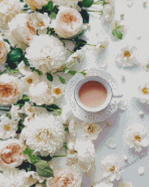 Coffee And White Flowers Diamond Painting