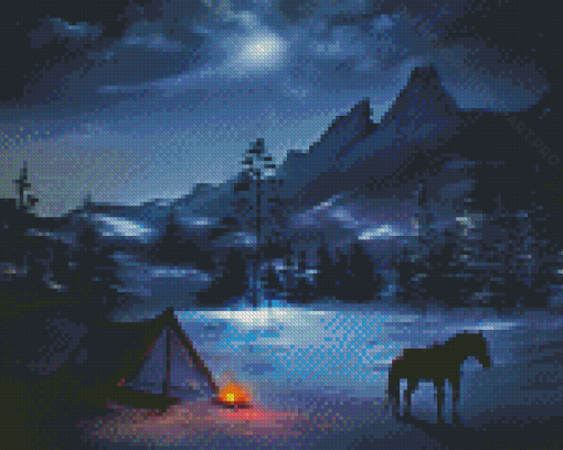 Winter Scene Horse Campfire Diamond Painting