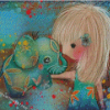 Elephant Baby And Girl Diamond Painting