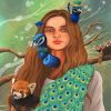 Girl Peacock And Racoon Diamond Painting