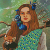 Girl Peacock And Racoon Diamond Painting