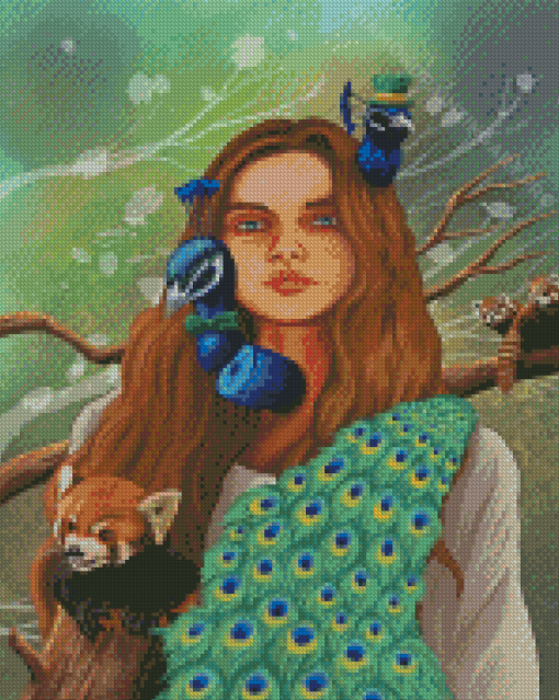 Girl Peacock And Racoon Diamond Painting