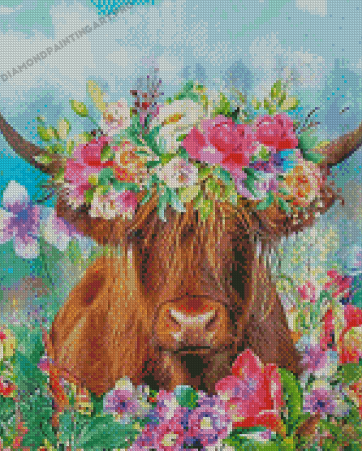 Highland Cow Wearing Flower Crown Diamond Painting