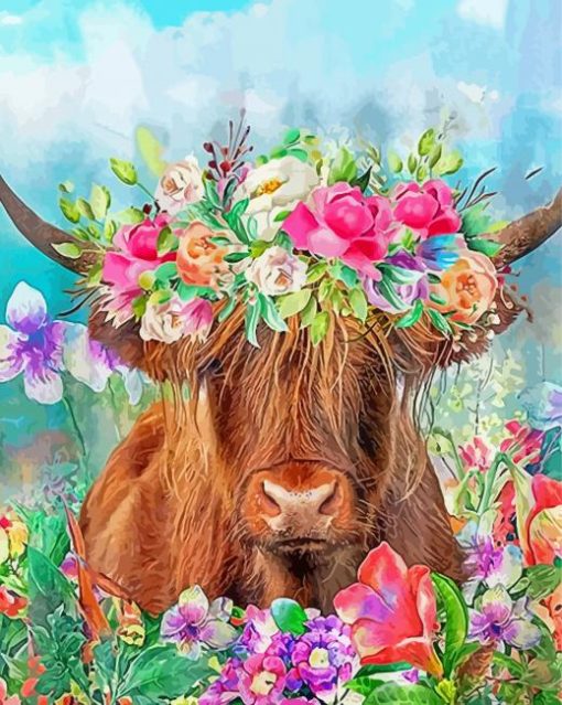 Highland Cow Wearing Flower Crown Diamond Painting