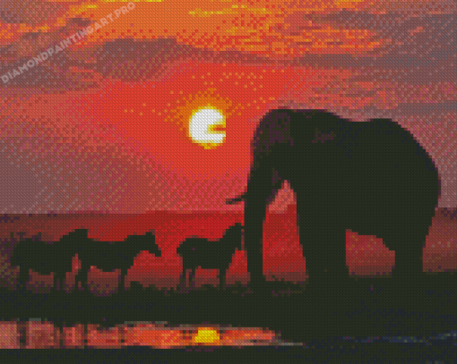 Kalahari Desert Sunrise With Animals Silhouette Diamond Painting