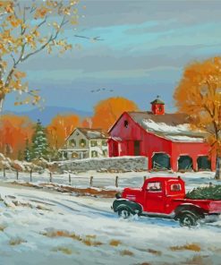 Little Red Truck In Snow Diamond Painting