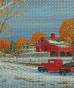 Little Red Truck In Snow Diamond Painting