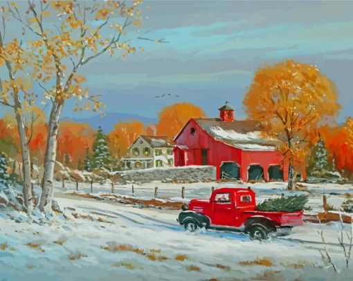 Little Red Truck In Snow Diamond Painting