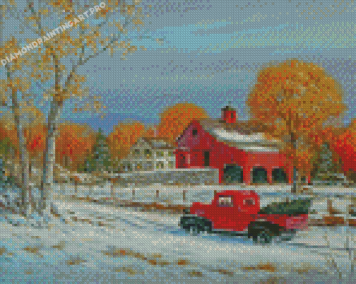 Little Red Truck In Snow Diamond Painting