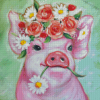 Pink Pig With Flowers Diamond Painting