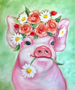 Pink Pig With Flowers Diamond Painting