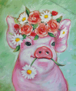 Pink Pig With Flowers Diamond Painting