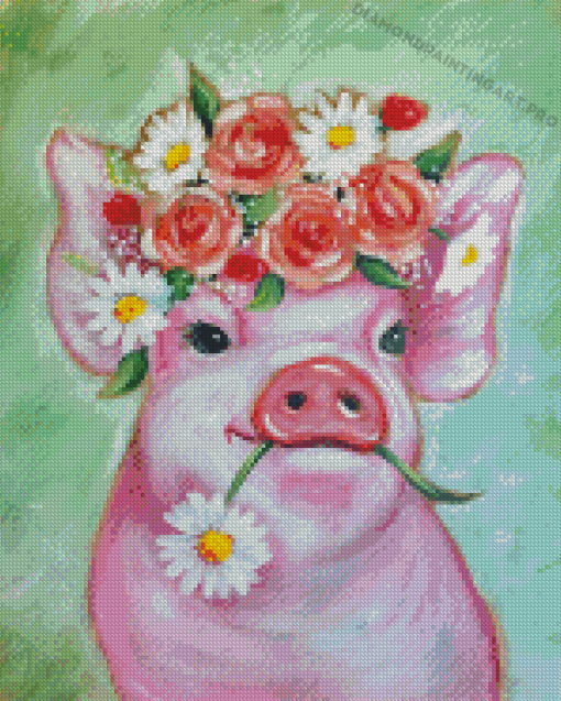 Pink Pig With Flowers Diamond Painting