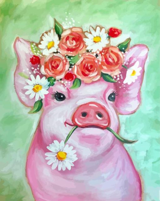 Pink Pig With Flowers Diamond Painting