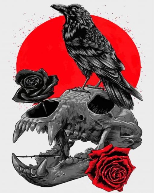 Raven Skull And Roses Diamond Painting