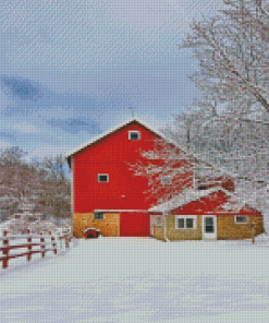 Aesthetic Red Barn In Winter Diamond Painting