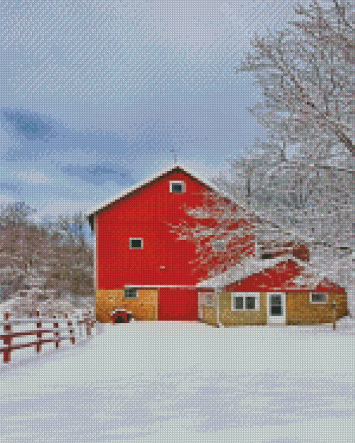 Aesthetic Red Barn In Winter Diamond Painting