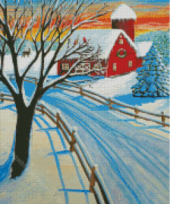 Red Barn In Winter Diamond Painting