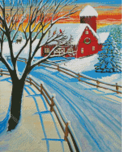 Red Barn In Winter Diamond Painting